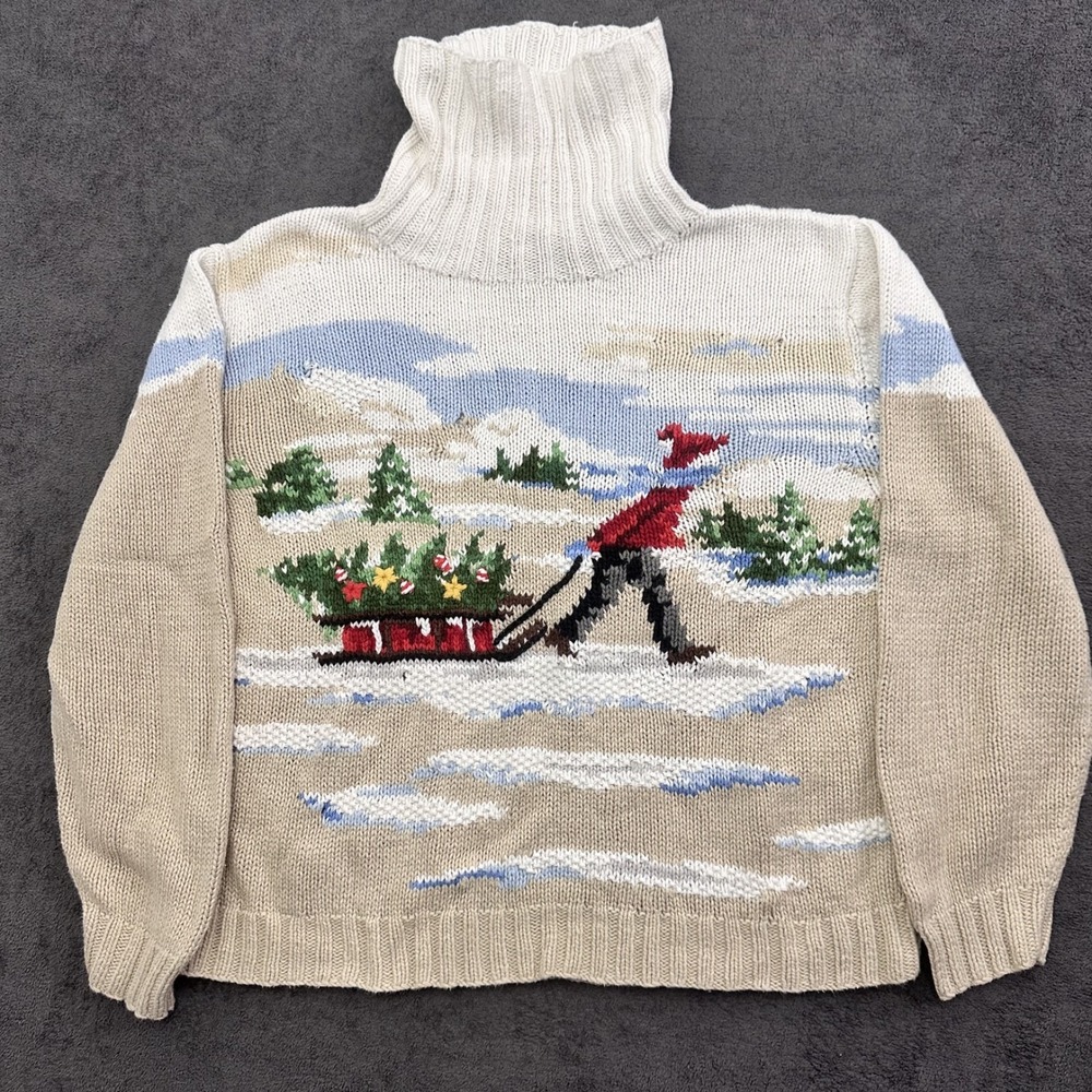 vintage 90s holiday lodge knit christmas tree sled turtleneck sweater size large